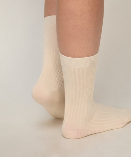 Cashmere Blend Ribbed Socks, Biały