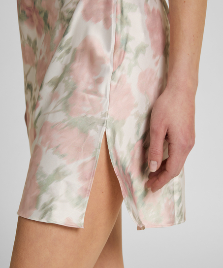 Satynowa Koszulka Nocna w Kwiatowy Wz&oacute;r, Biały