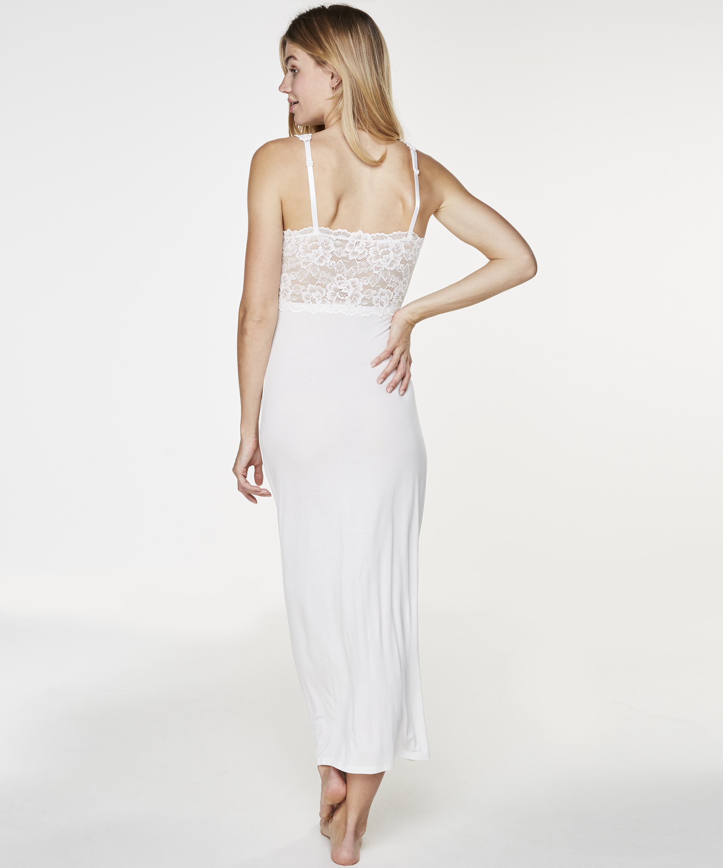 Long slip dress Modal lace, Biały, main
