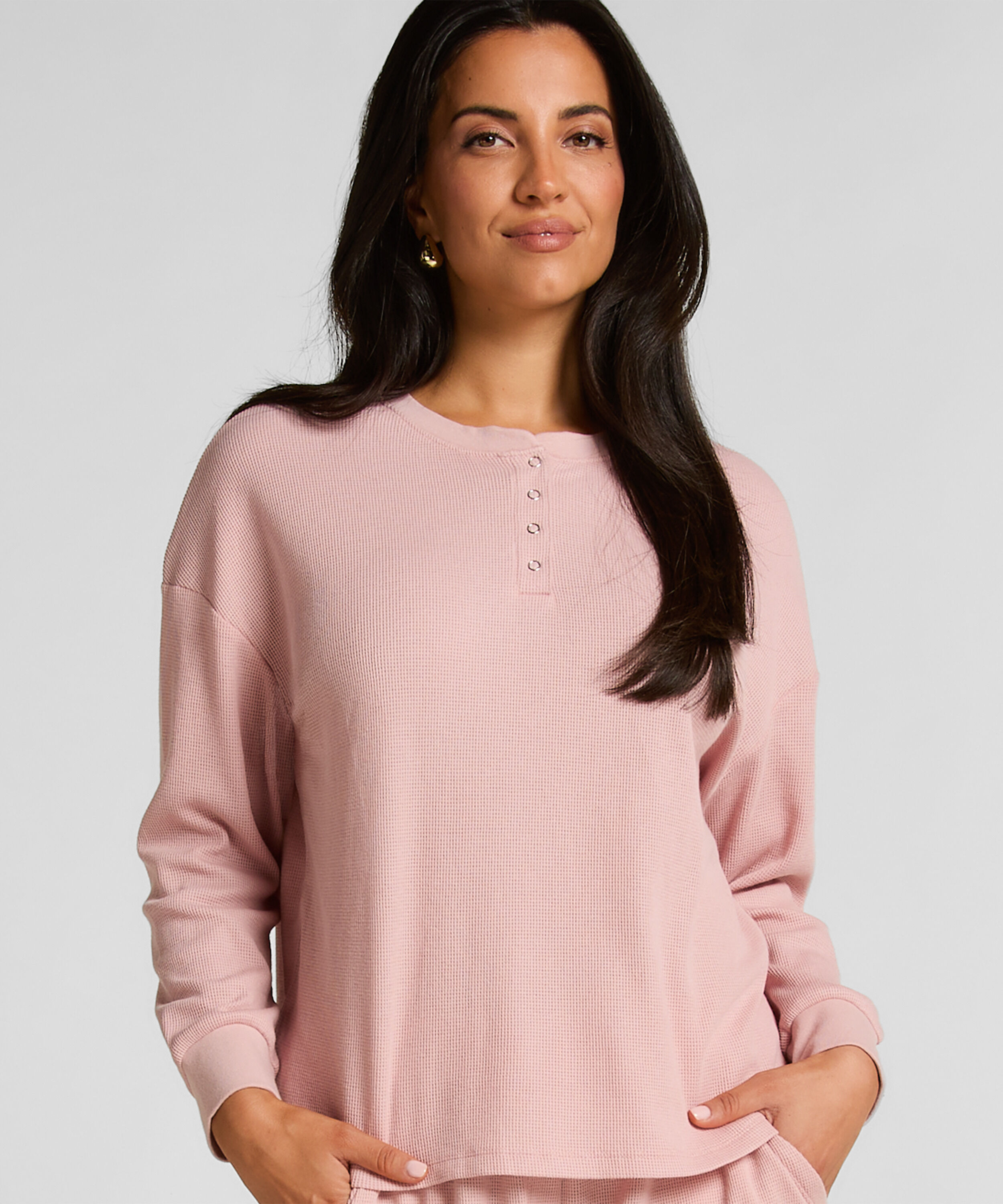 Top z tkaniny wafel Henley, R&oacute;żowy