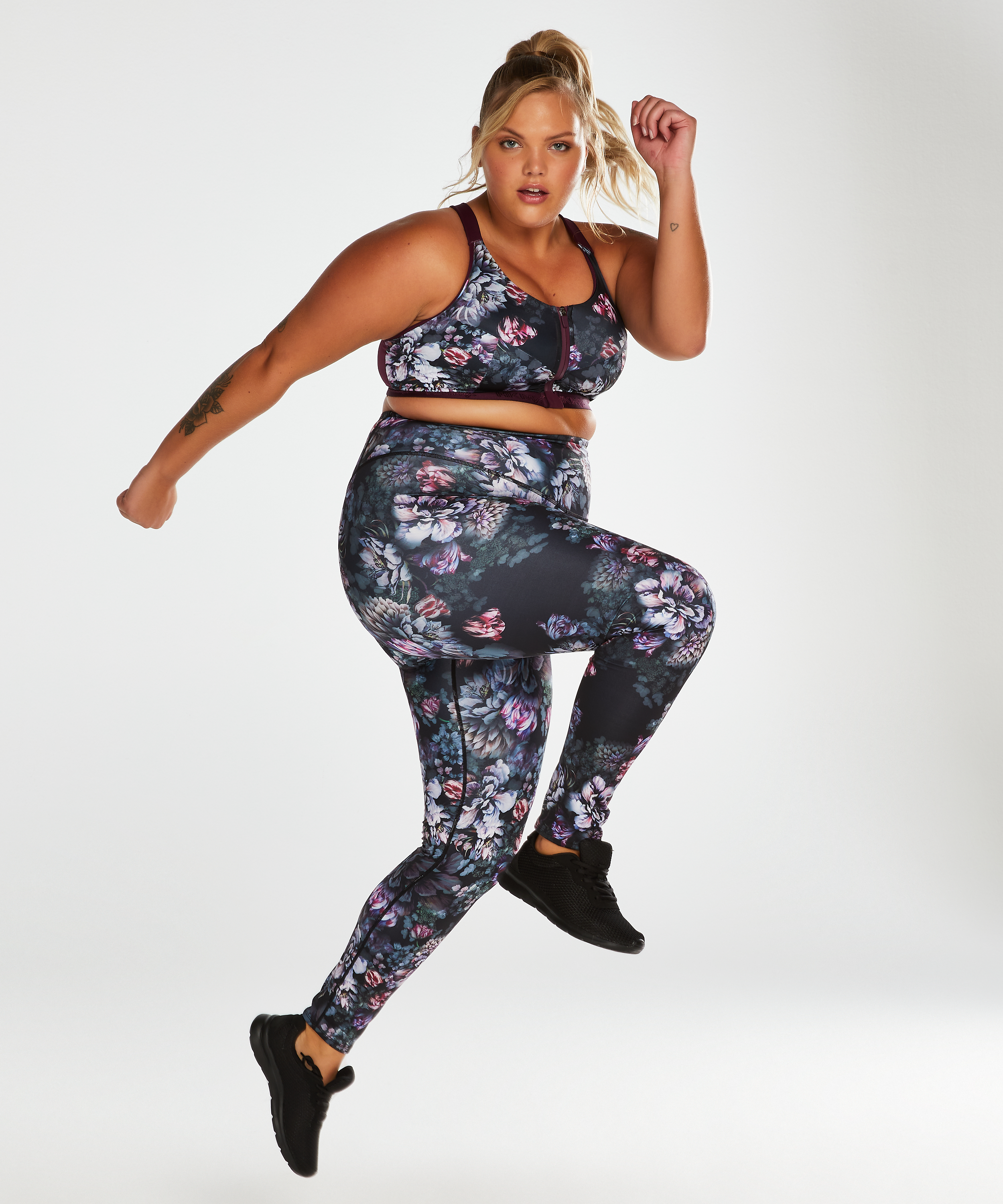 HKMX High Waisted Flower Sports Leggings, Czarny, main