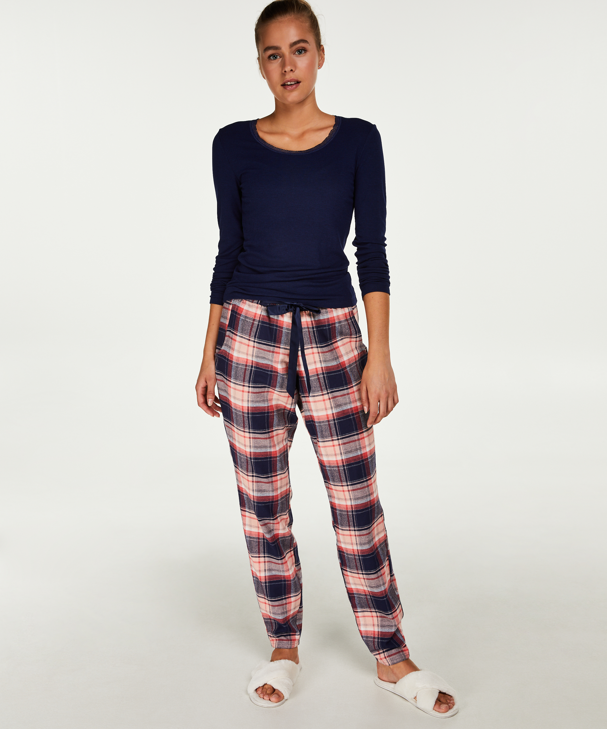 Prążkowany top z długim rękawem i okrągłym dekoltem, Niebieski, main