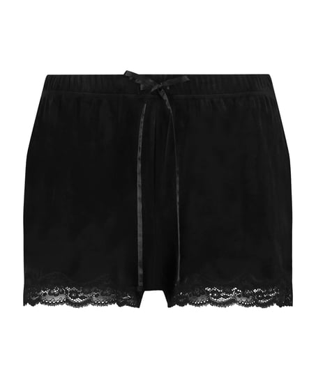 Szorty piżamowe Velours Scallop Lace, Czarny