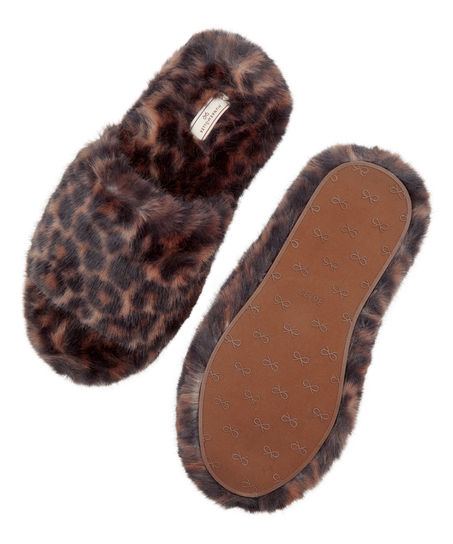 Kapcie Sztuczne Futro Leopard, Brązowy
