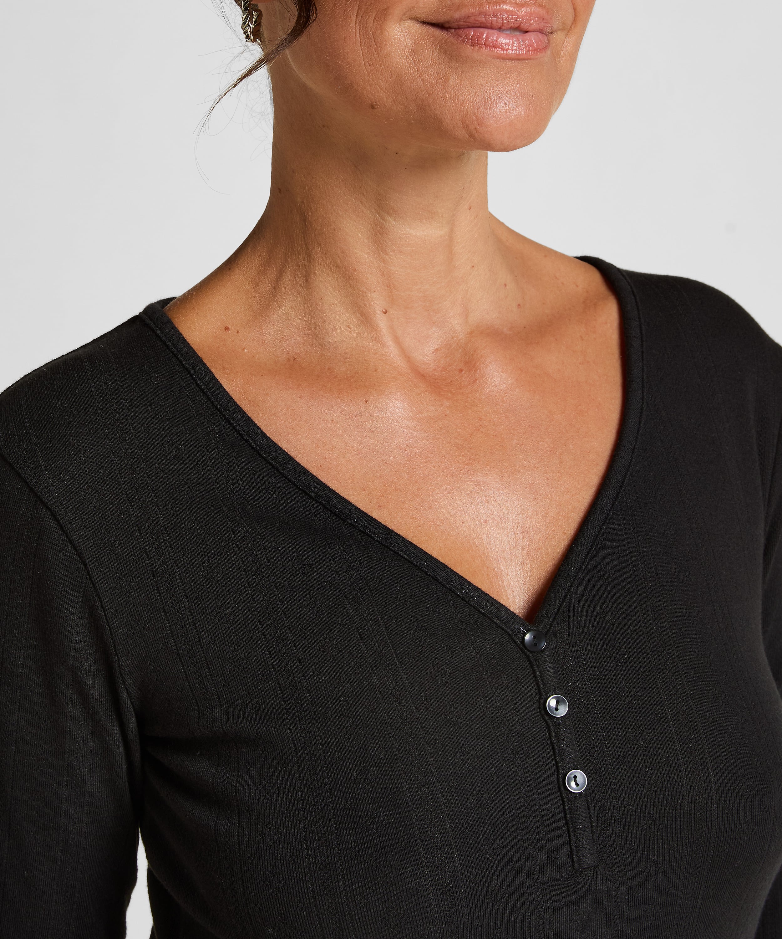 Bluza piżamowa Henley z długim rękawem, Czarny, main