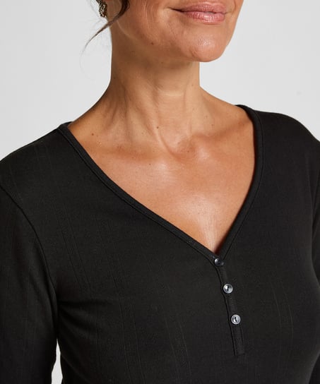 Bluza piżamowa Henley z długim rękawem, Czarny