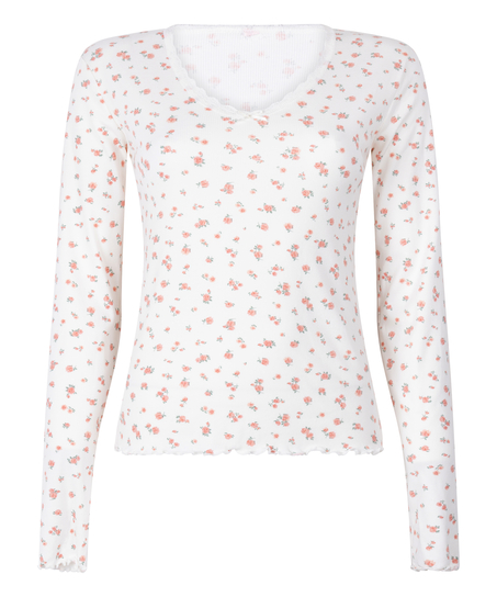 Prążkowany top od piżamy, Biały