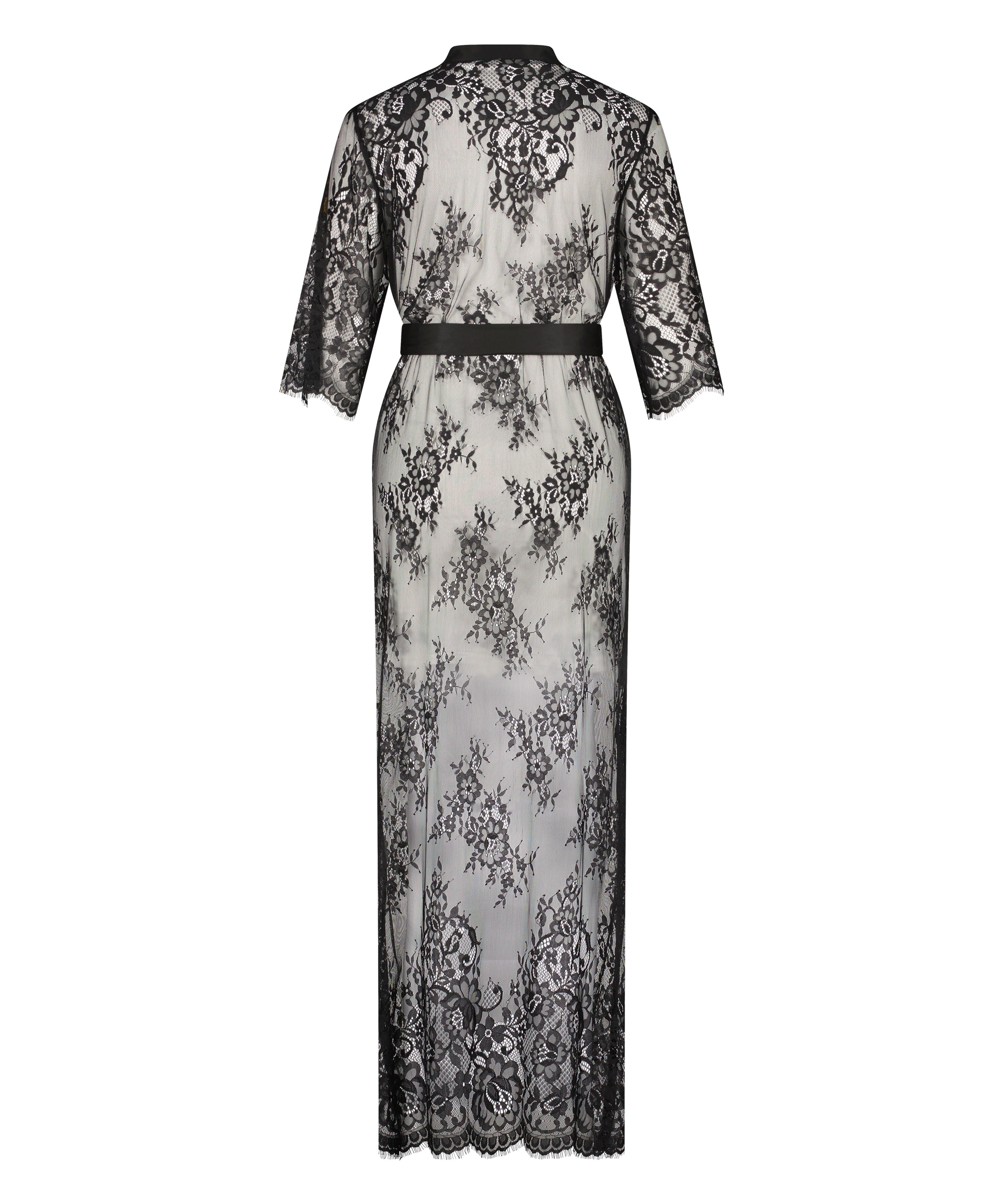 Długie kimono z koronką, Czarny, main