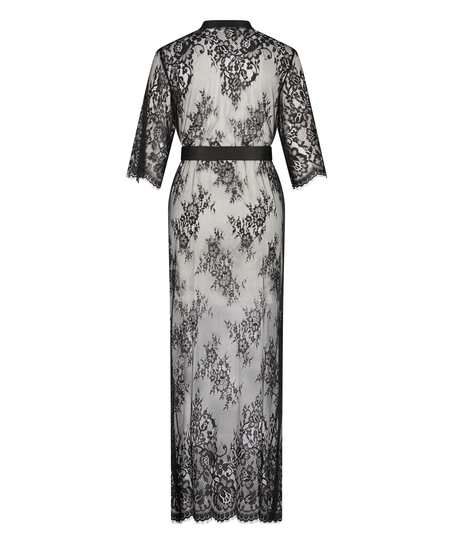 Długie kimono z koronką, Czarny