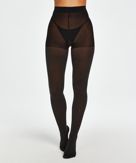 70 Denier Ribbed Lurex Tights, Czarny