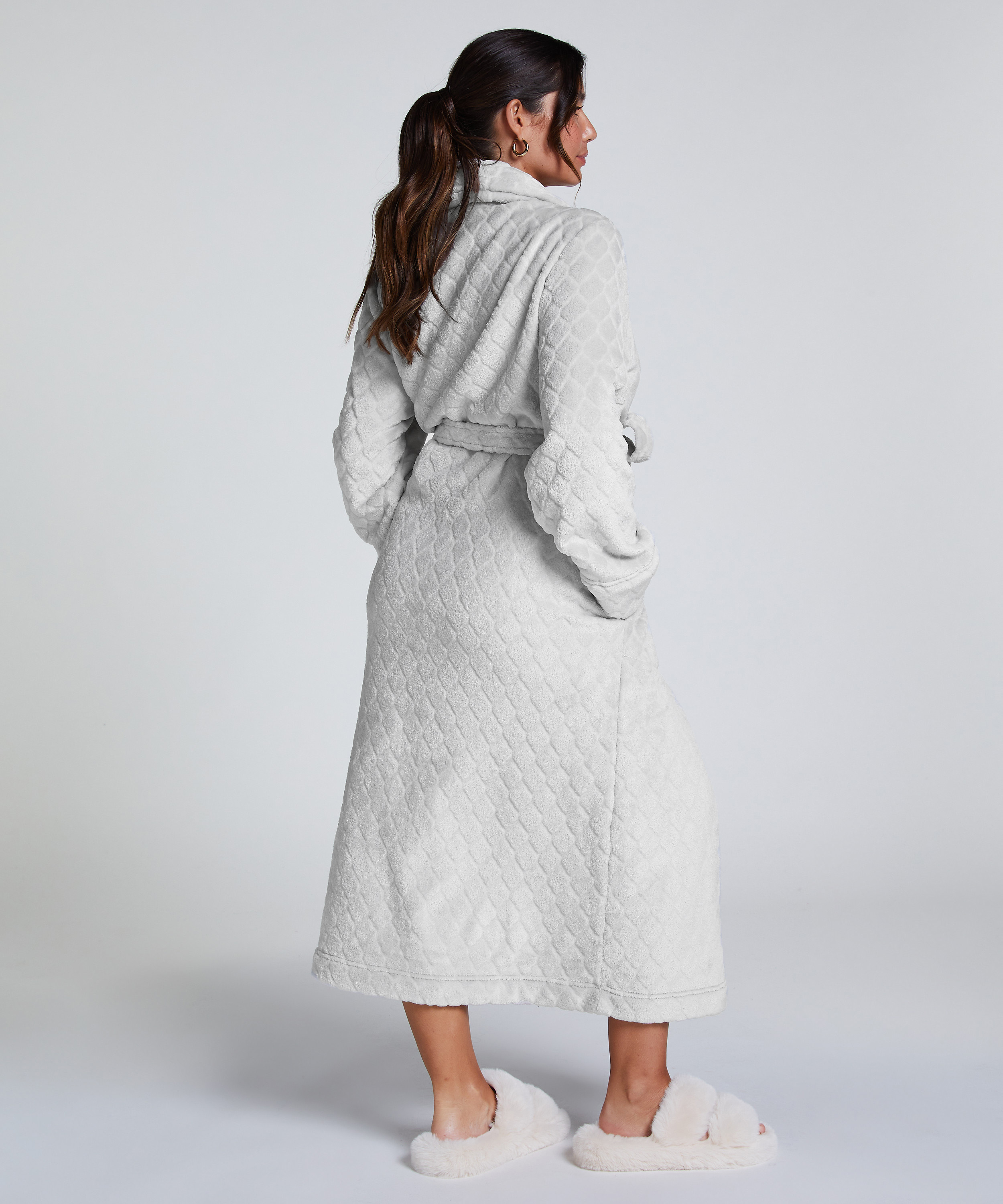Long Fleece Bathrobe, Szary, main