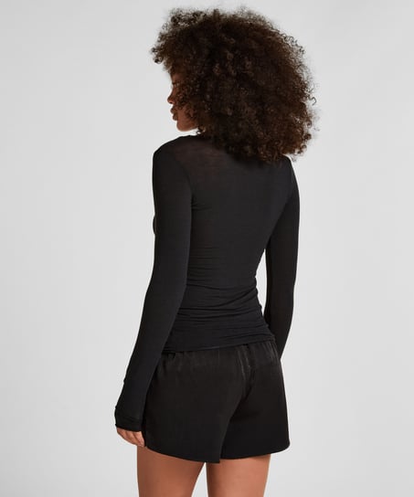 Super miękka koszulka z koronką i dekoltem w serek z dodatkiem kaszmiru, Czarny