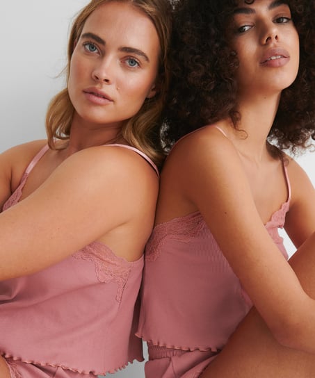 Prążkowany top na ramiączkach z koronką Mia HKM x NA-KD, R&oacute;żowy