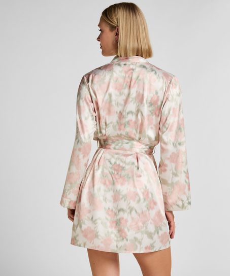 Satynowe Kimono w Kwiatowy Wz&oacute;r, Biały