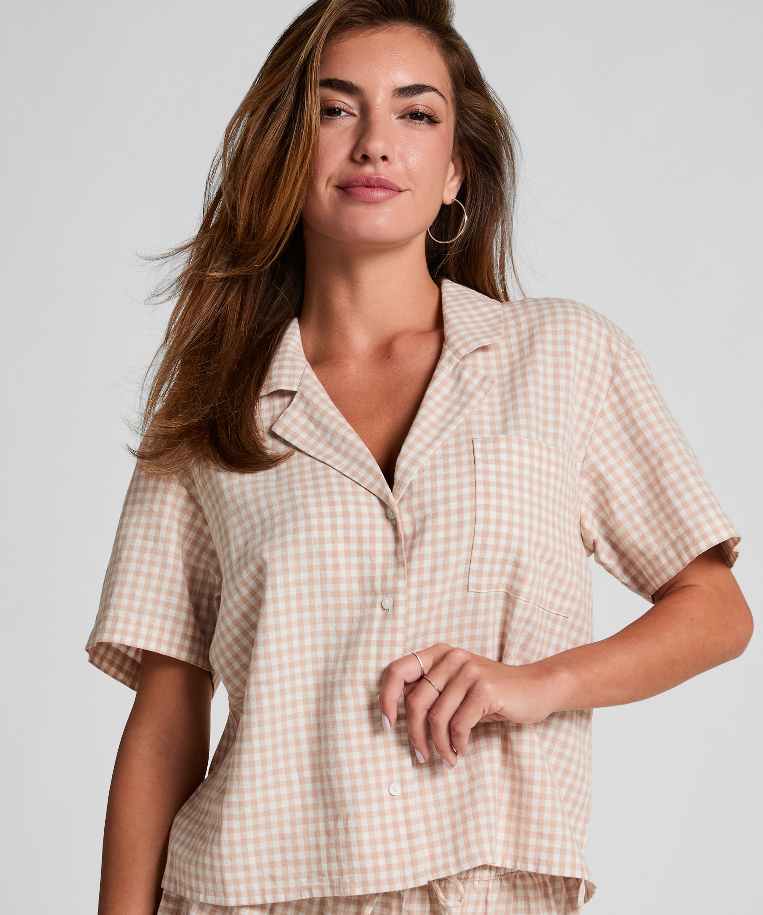 Bluza lniana w kratę, Beżowy, main