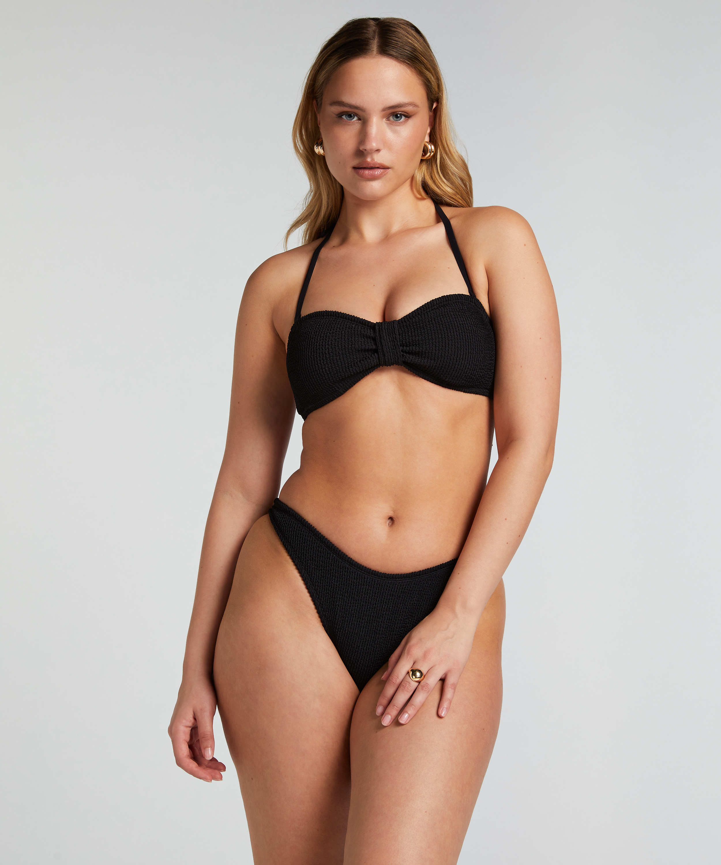 Majtki Bikini Wysoko Krojona Crinkle, Czarny, main