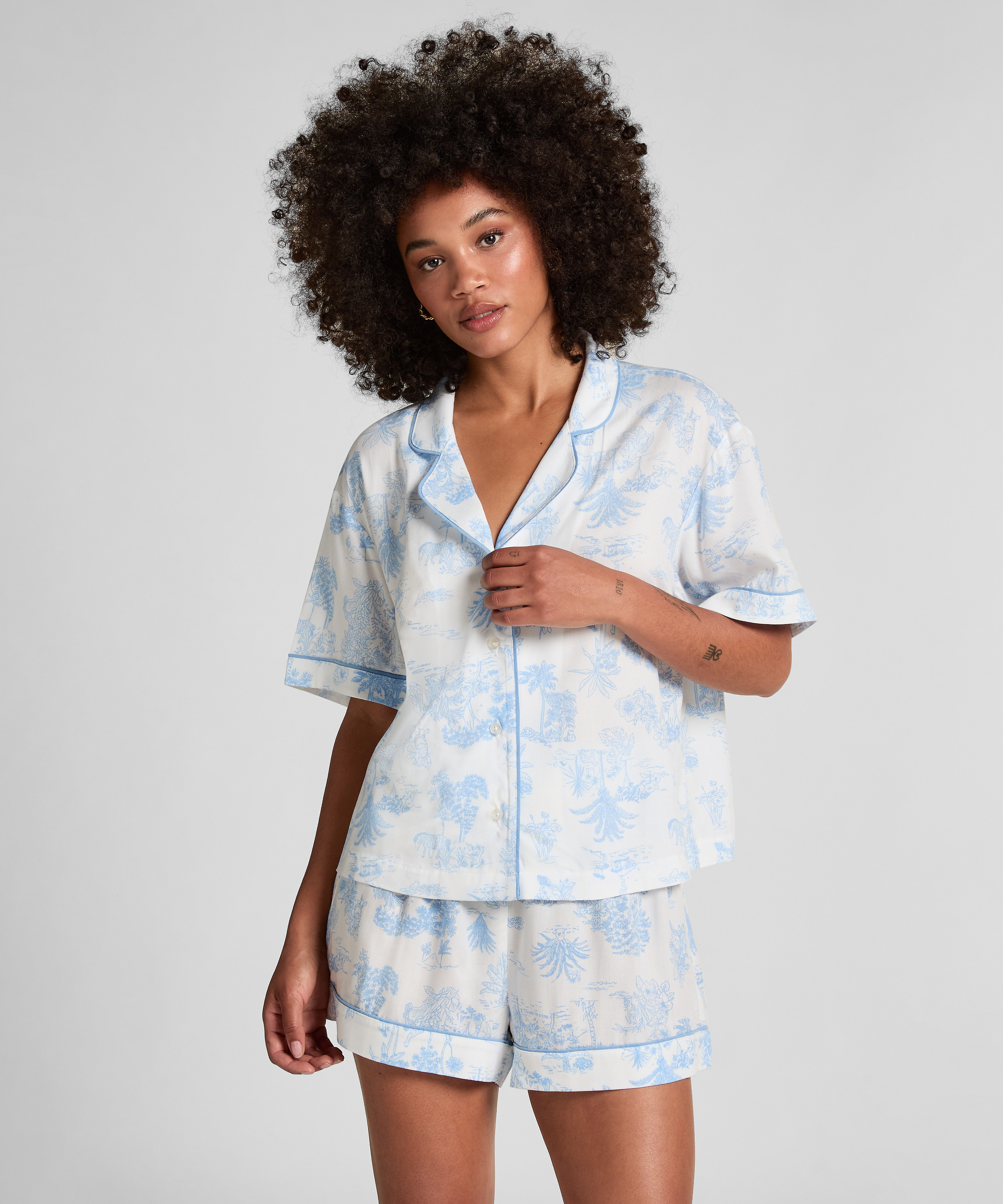 Tkana bluza z kr&oacute;tkim rękawem, Niebieski, main