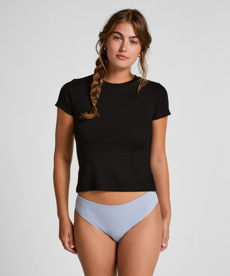 Top piżamowy z prążkowanej tkaniny z kr&oacute;tkimi rękawami i okrągłym dekoltem, Czarny
