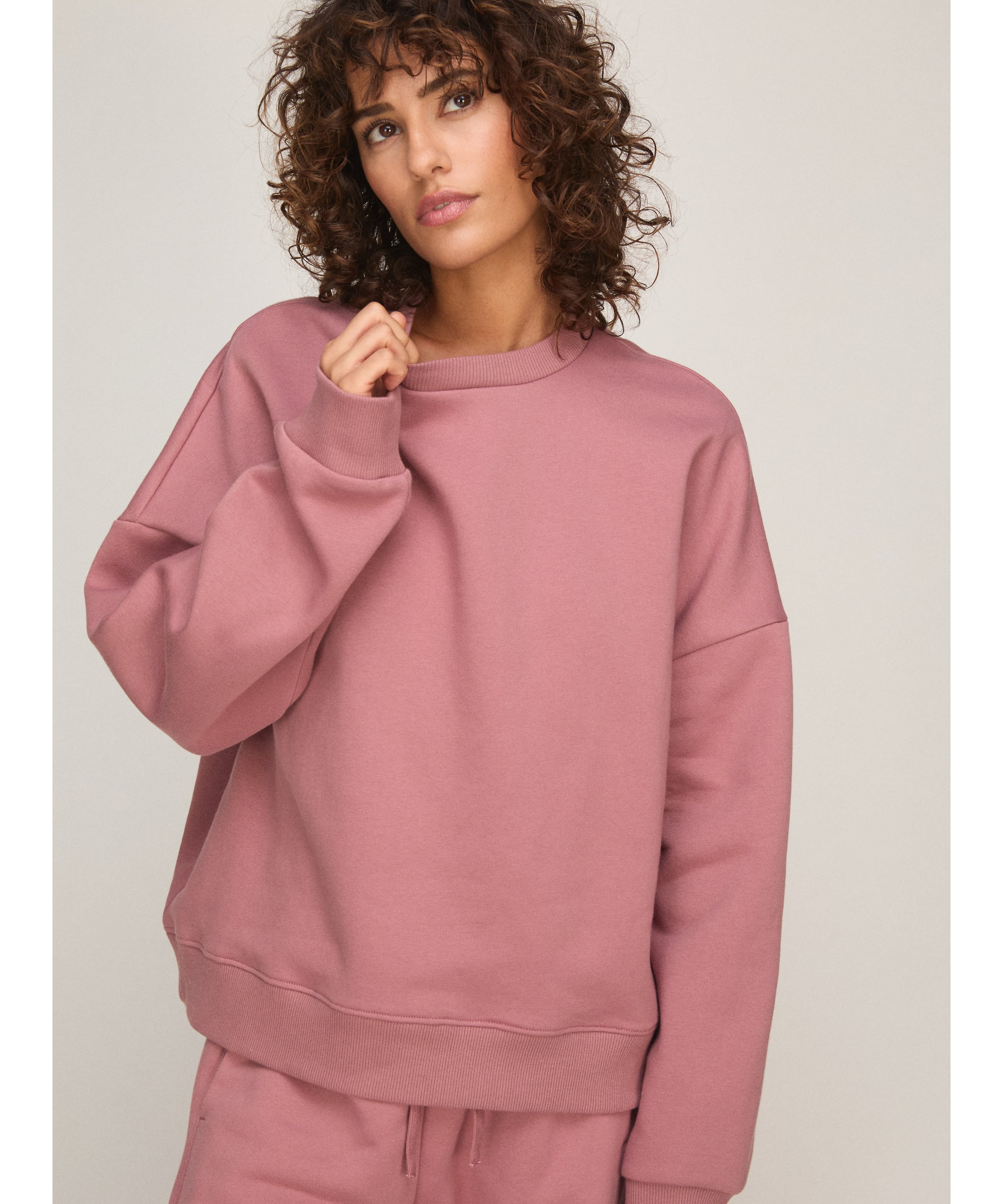 Bluza z Okrągłym Dekoltem z Czesanej Dzianiny Dresowej, R&oacute;żowy, main