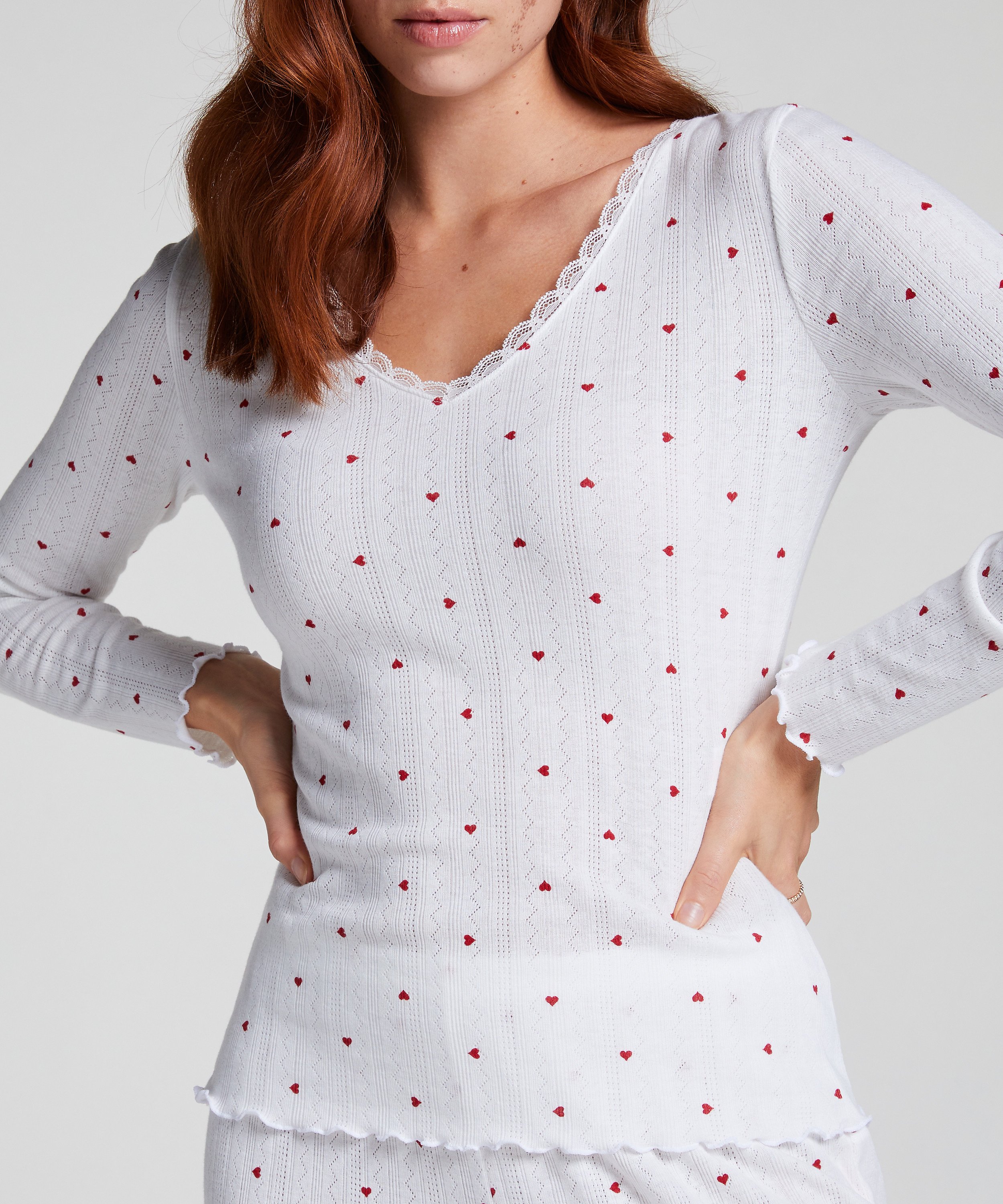 G&oacute;ra od piżamy z długim rękawem Pointelle, Biały, main