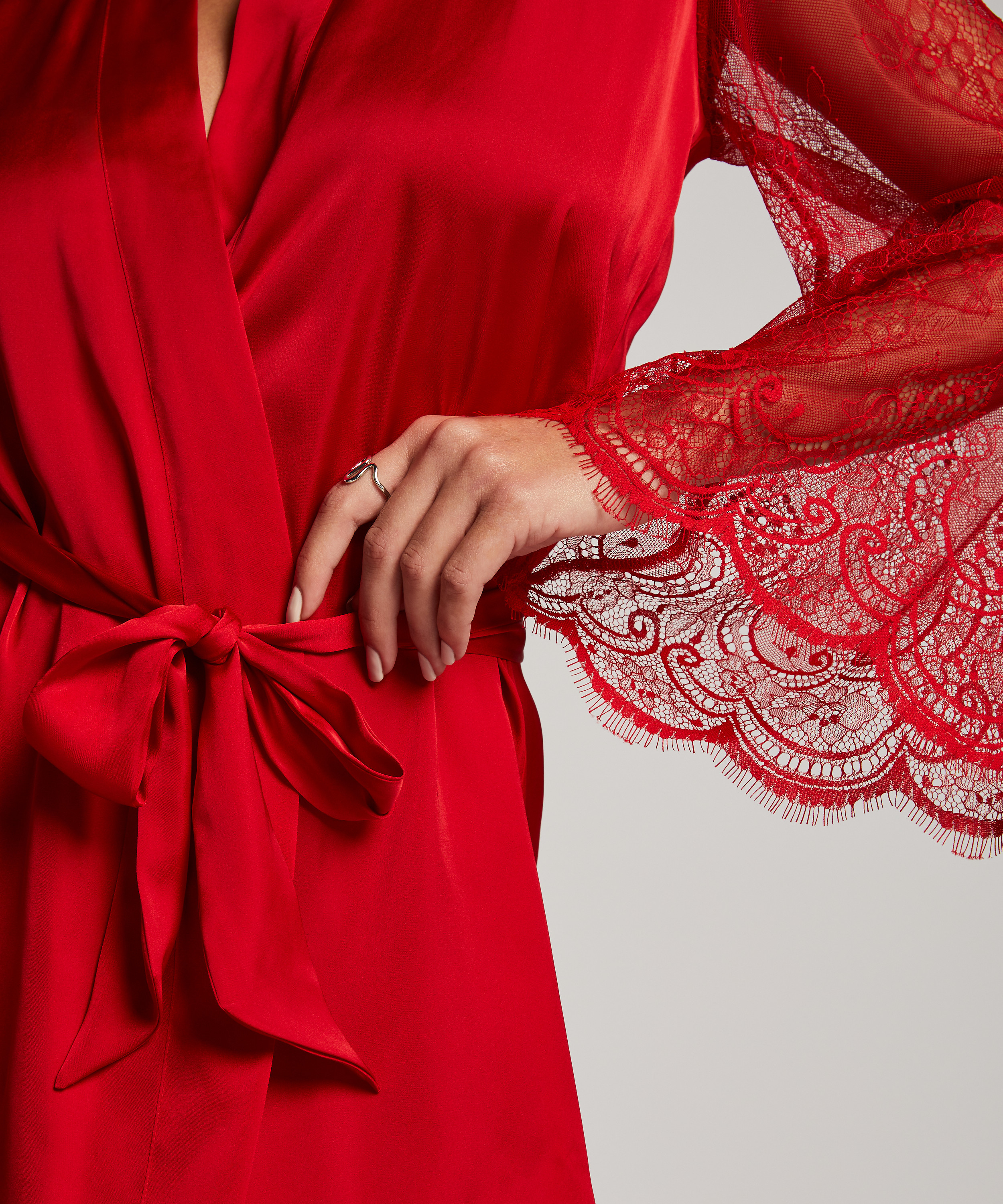 Satynowe kimono z koronką, Czerwony, main
