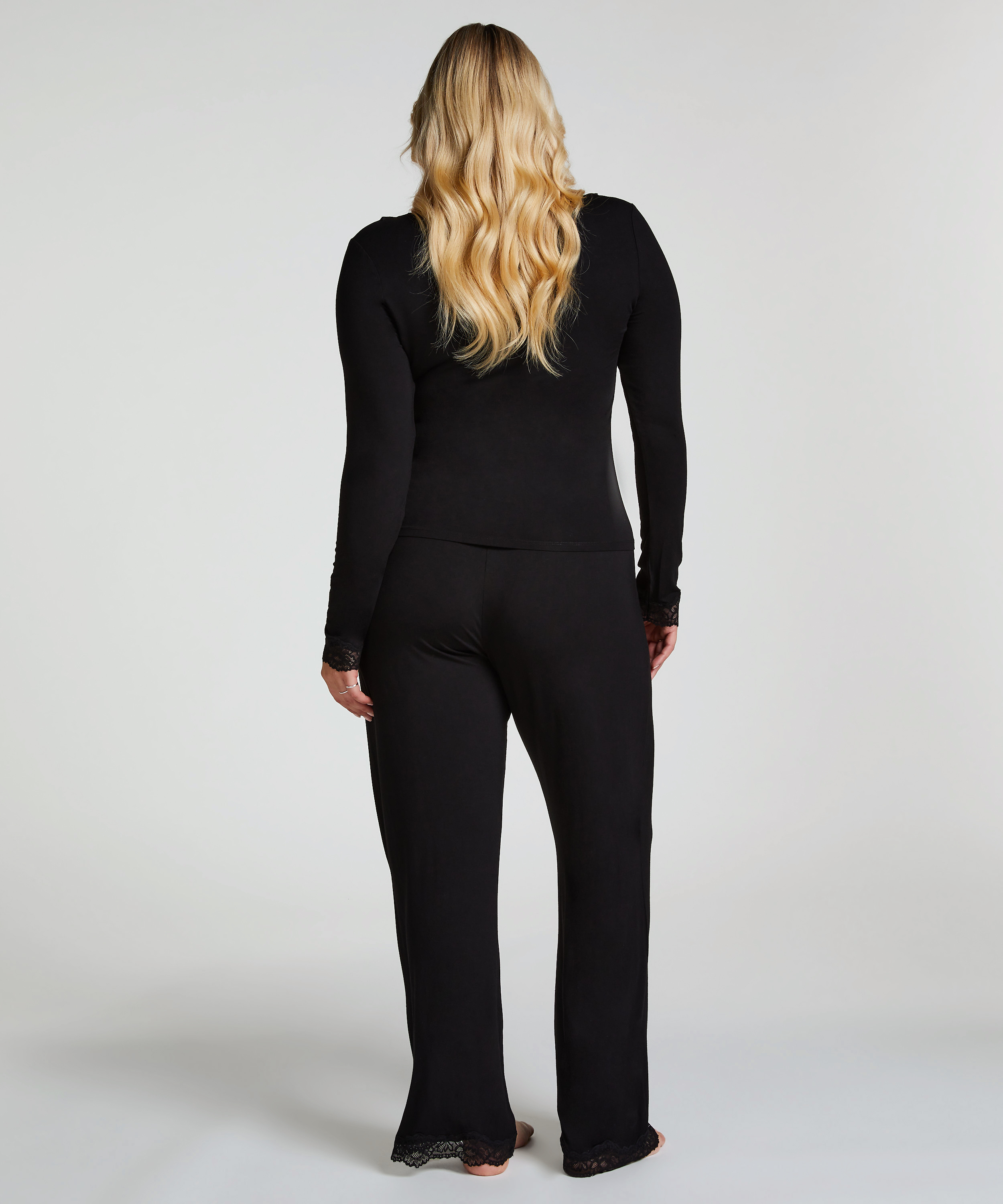 Koronkowa piżama z długim rękawem, Czarny, main