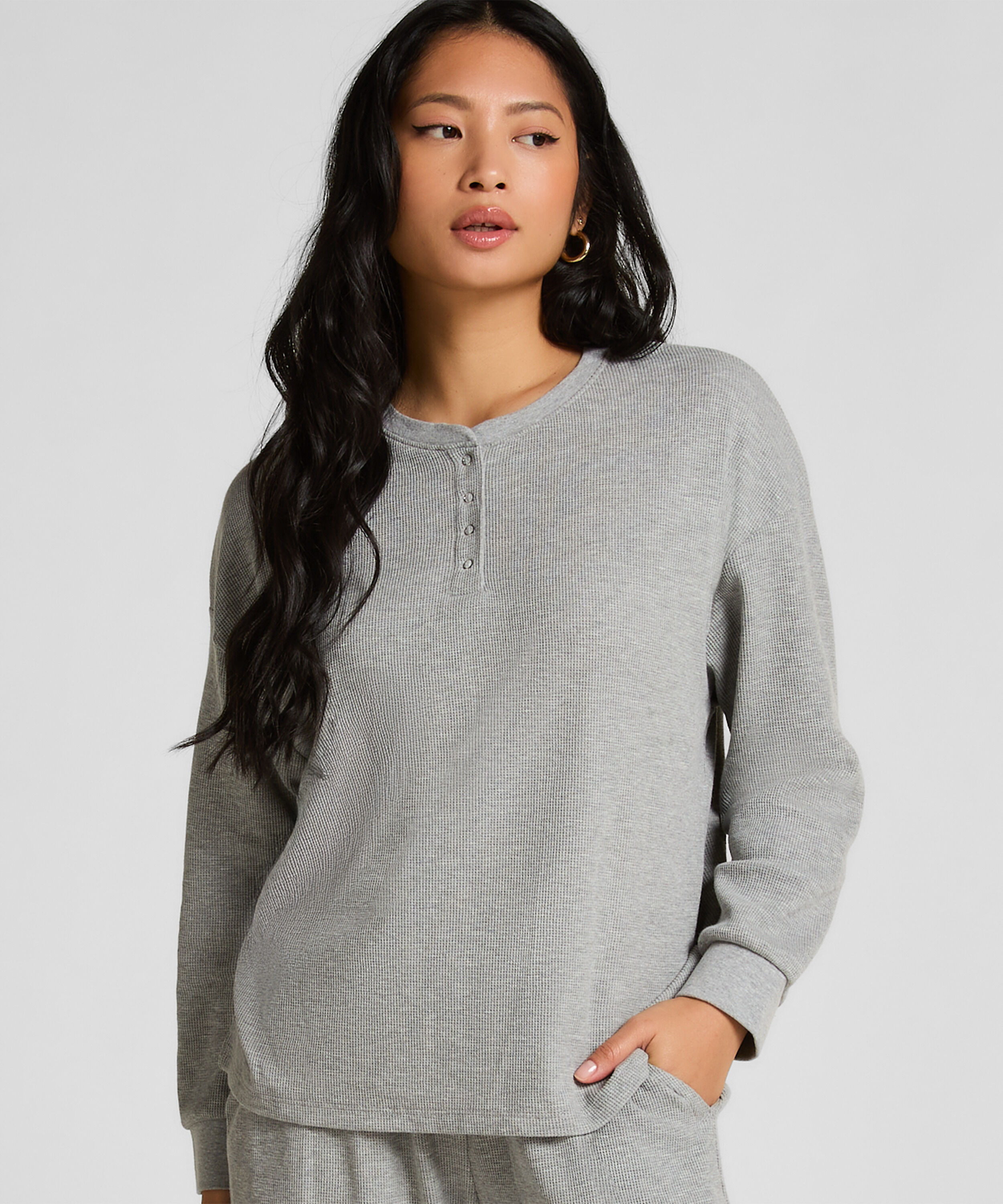 Top z tkaniny wafel Henley, Szary
