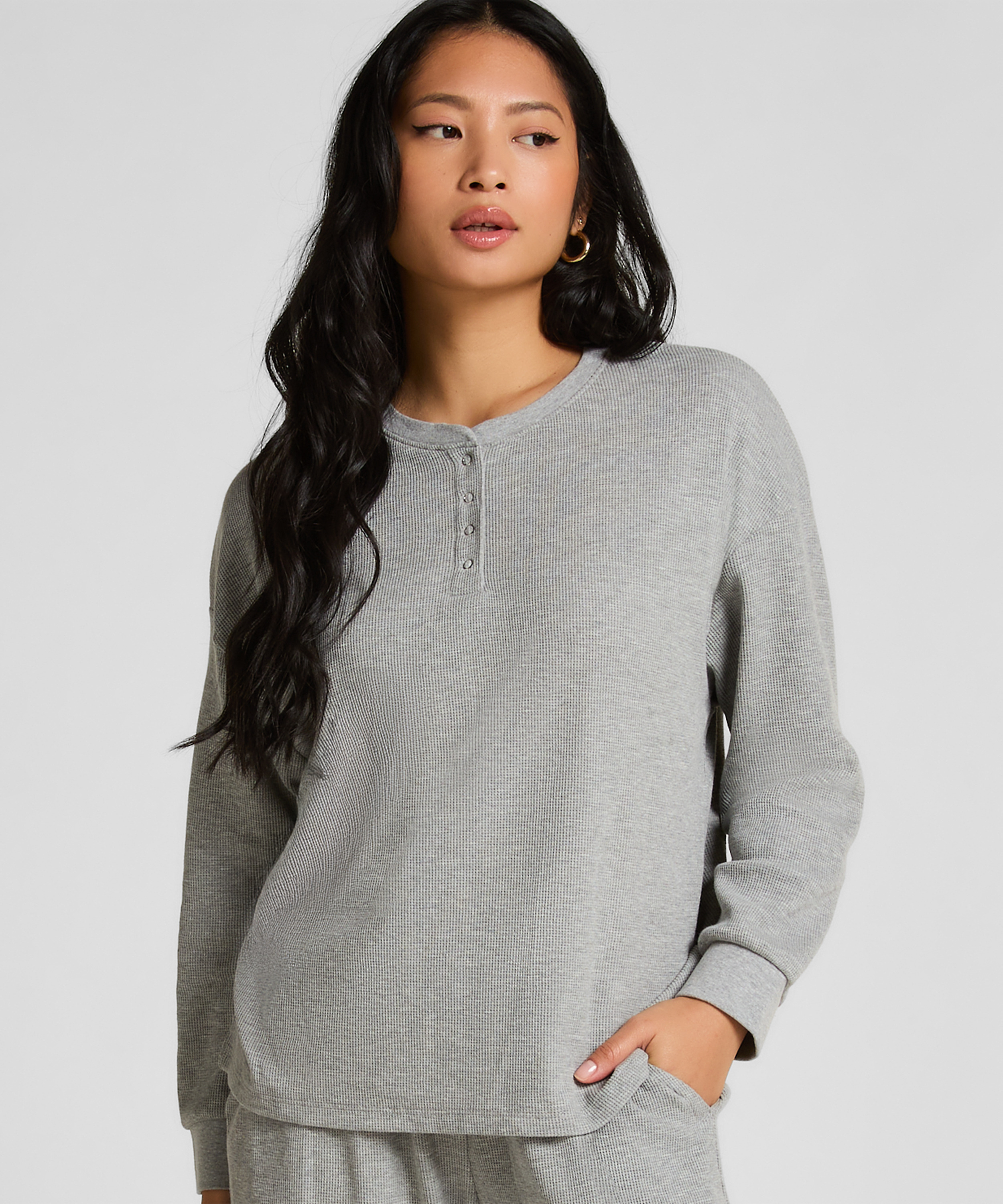 Top z tkaniny wafel Henley, Szary, main