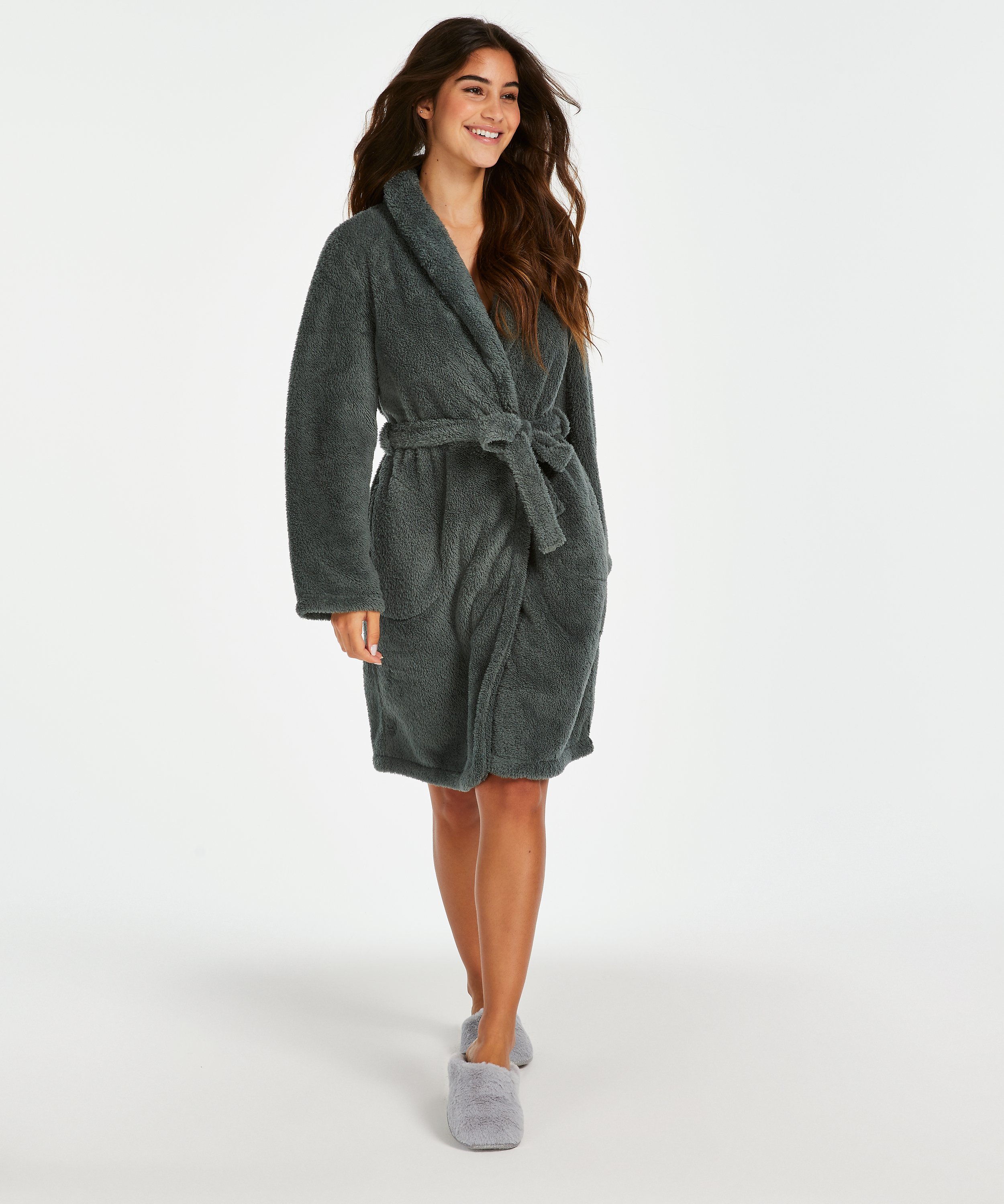 Fleece Bathrobe Short, Zielony, main