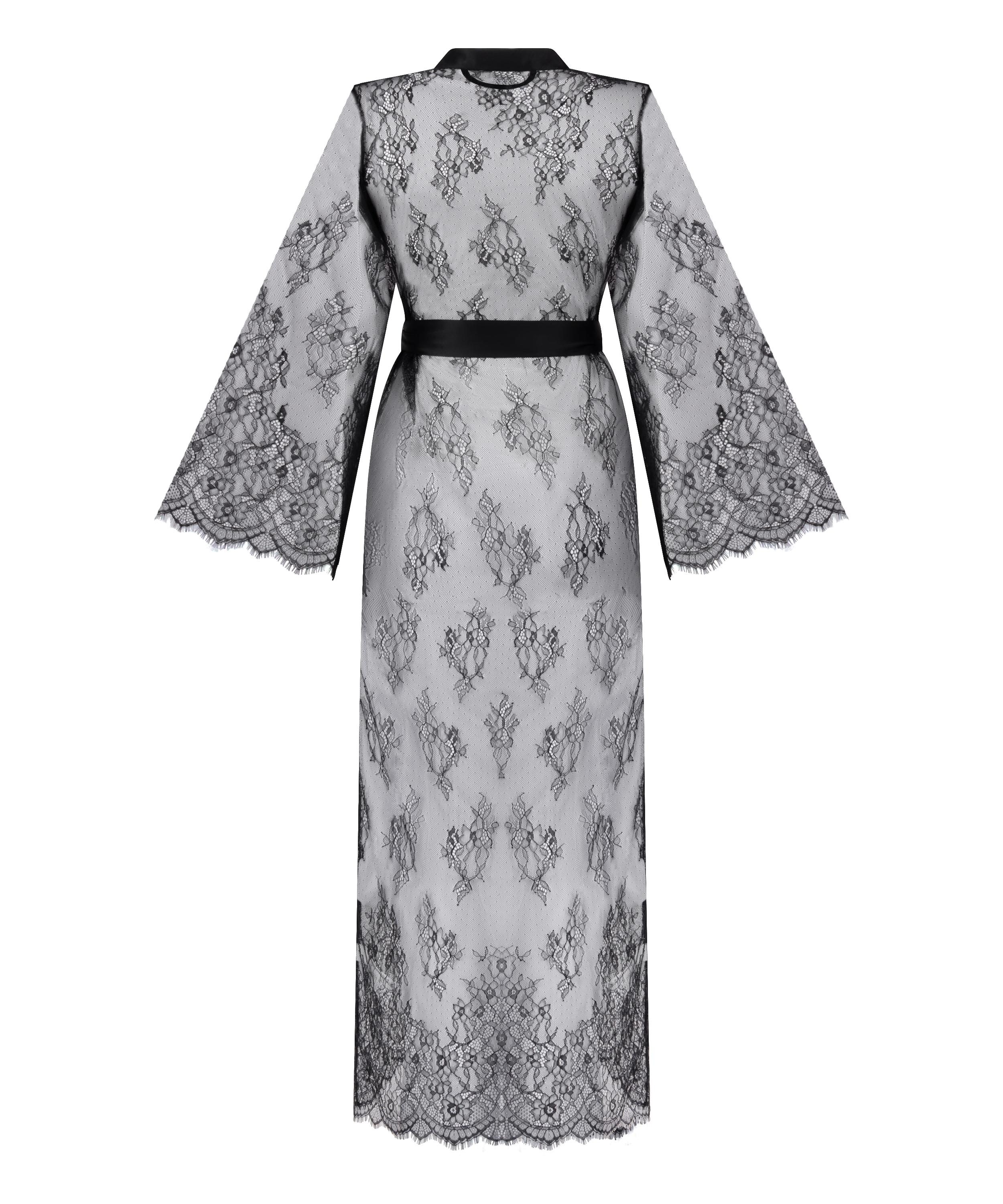 Długie kimono z koronką, Czarny, main