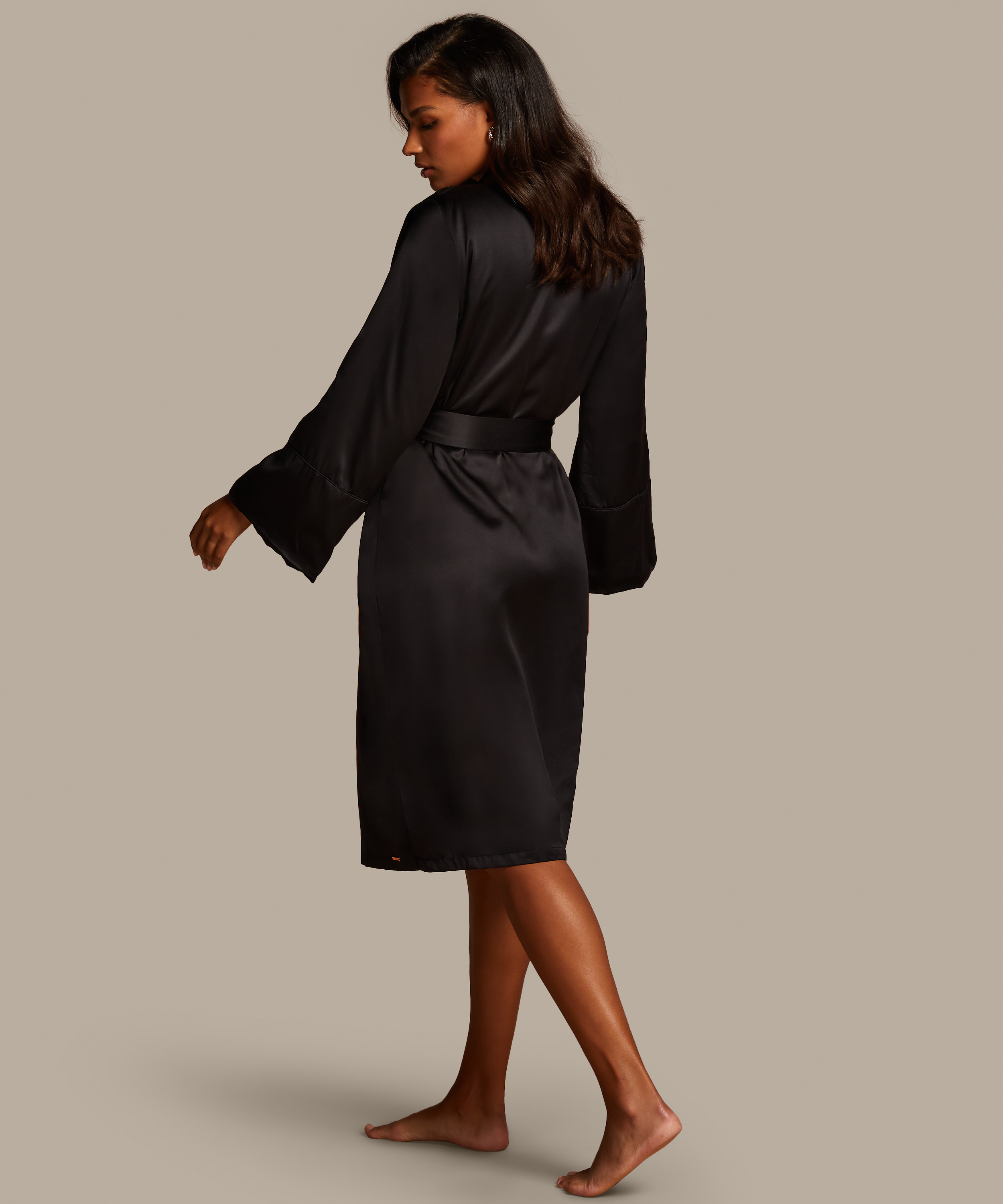 Satynowy szlafrok z polarem, Czarny, main