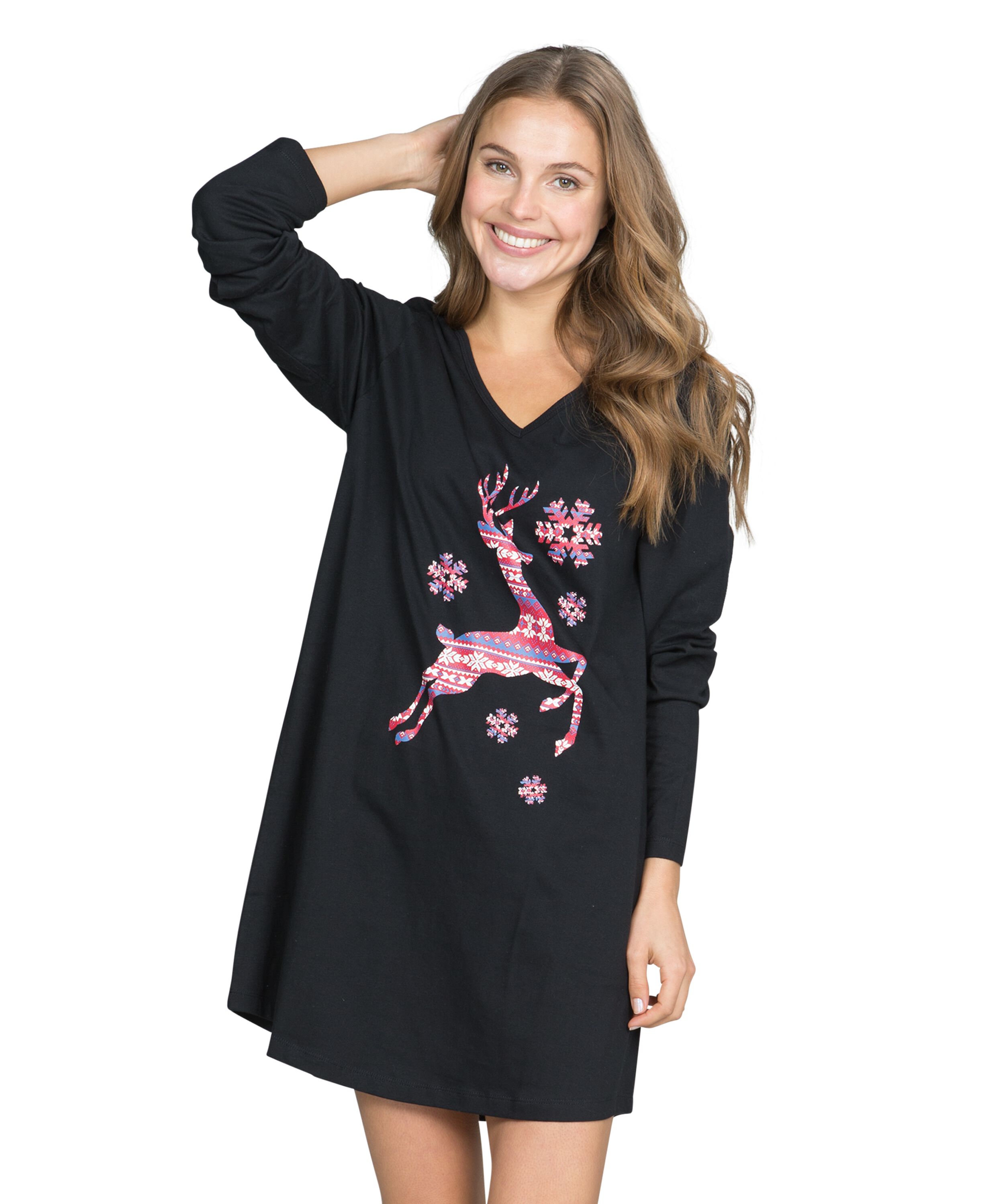 Nightshirt V-neck long sleeves, Czarny