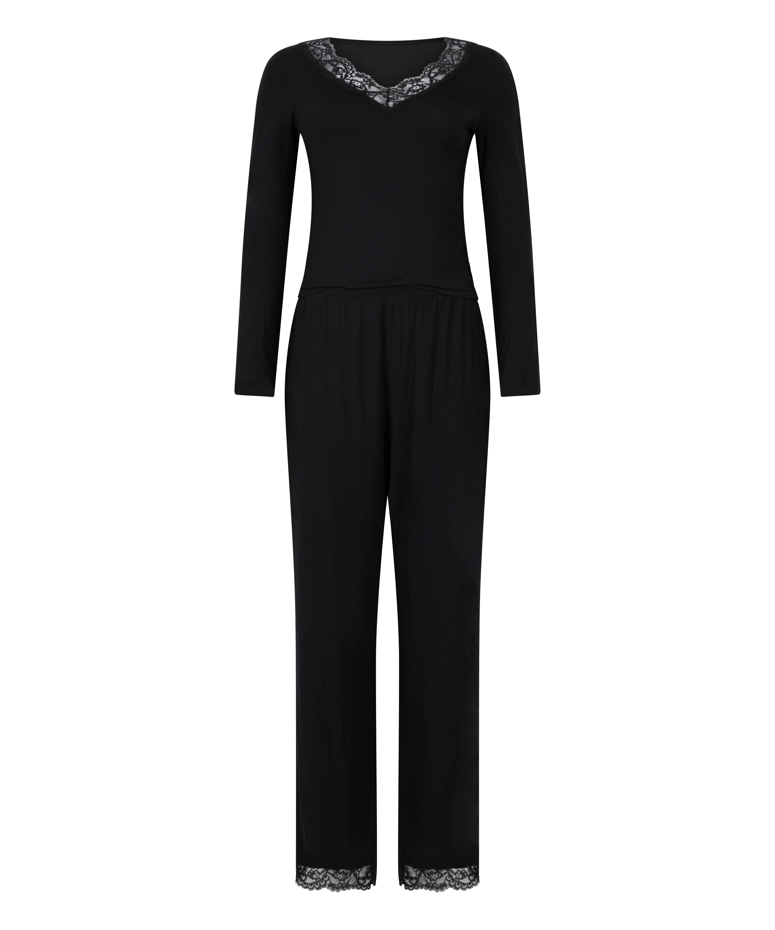 Koronkowa piżama z długim rękawem, Czarny, main