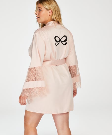 Satynowe kimono z koronką, R&oacute;żowy