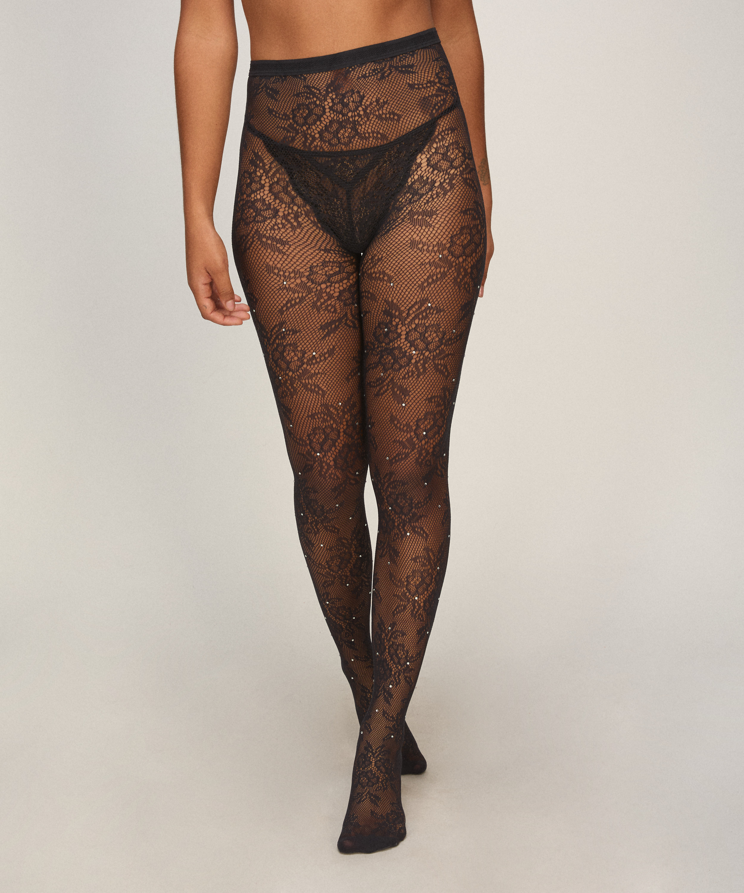 Tight Allover Lace Rhinestones, Czarny, main