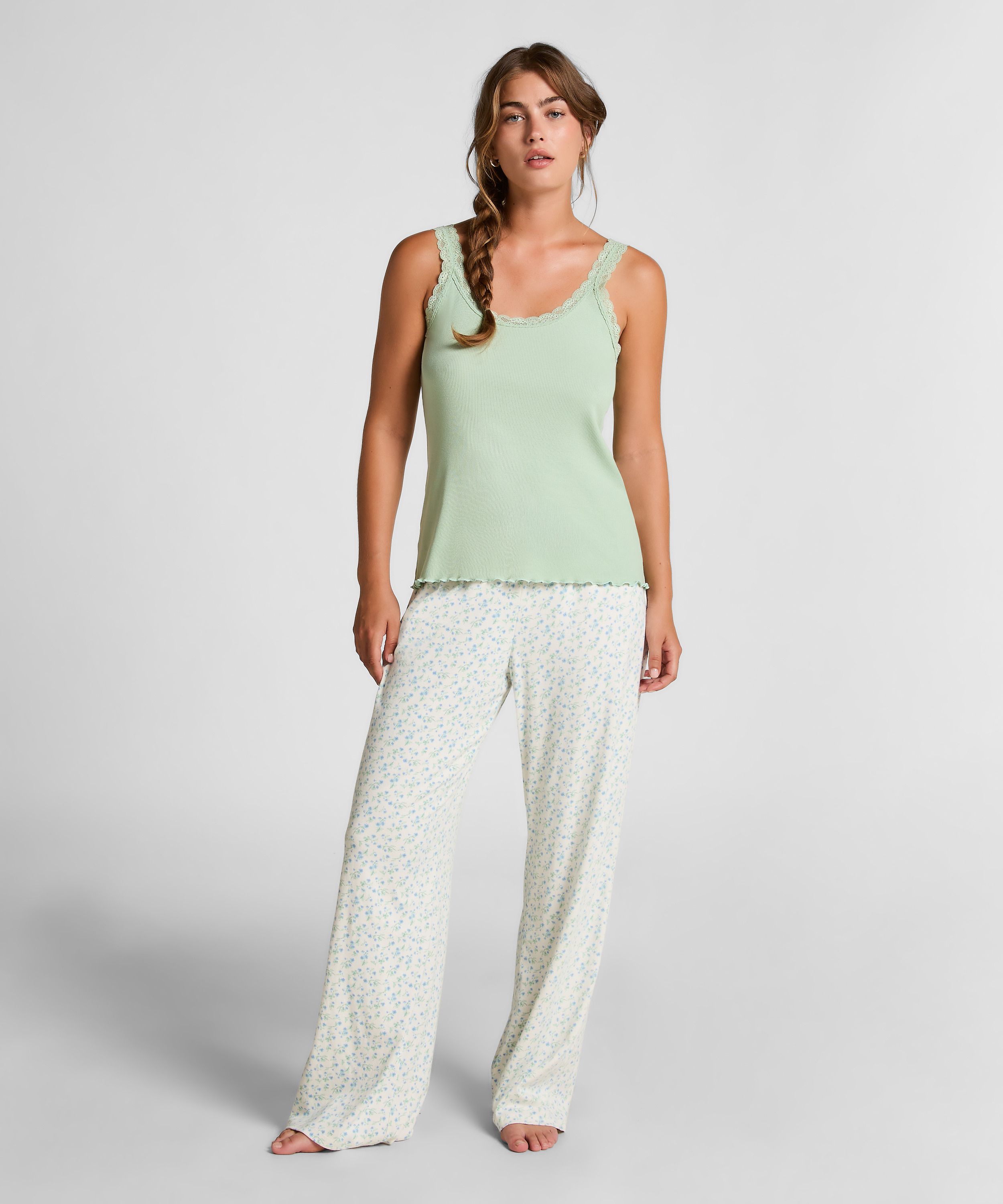 Top z Prążkowanej Dzianiny z Koronką, Zielony, main