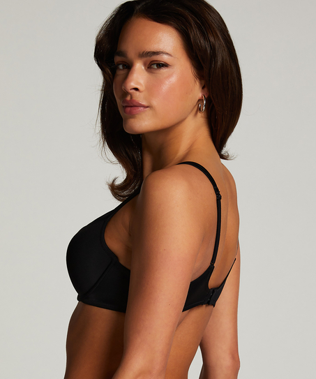 Satynowy usztywniony biustonosz z fiszbinami, Czarny