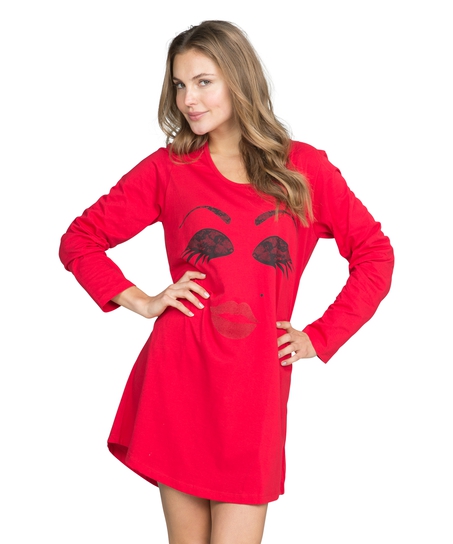 Nightshirt round neck long sleeves, Czerwony