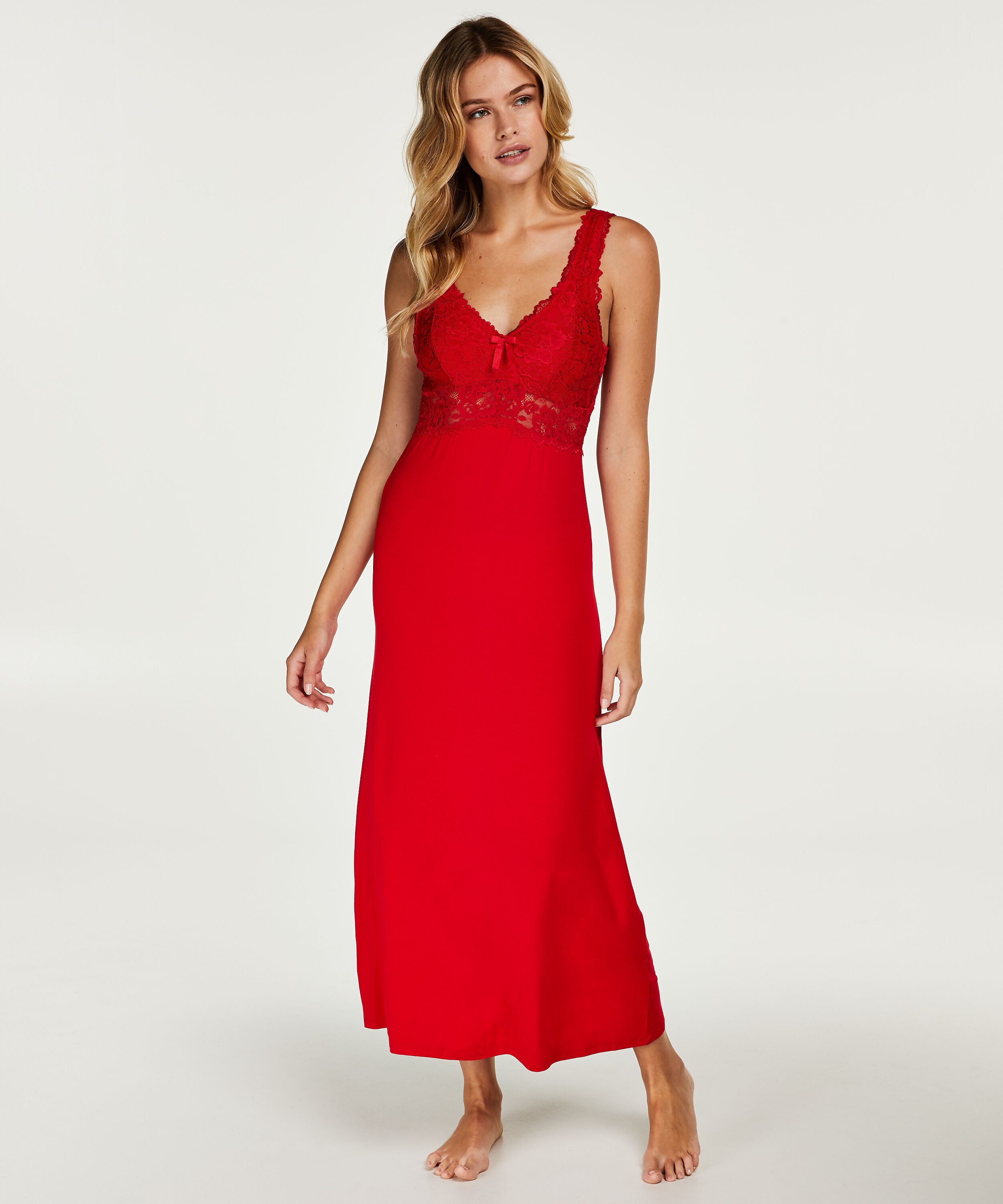 Long slip dress Modal lace, Czerwony