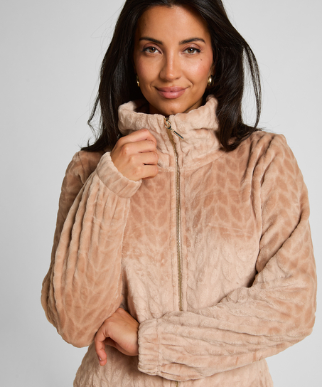 Onesie ze wzorem warkoczy z zamkiem błyskawicznym, Beżowy