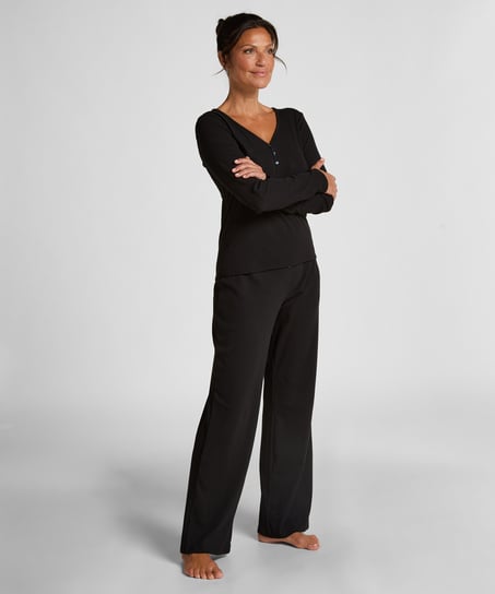 Bluza piżamowa Henley z długim rękawem, Czarny