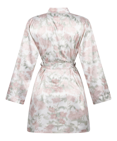 Satynowe Kimono w Kwiatowy Wz&oacute;r, Biały