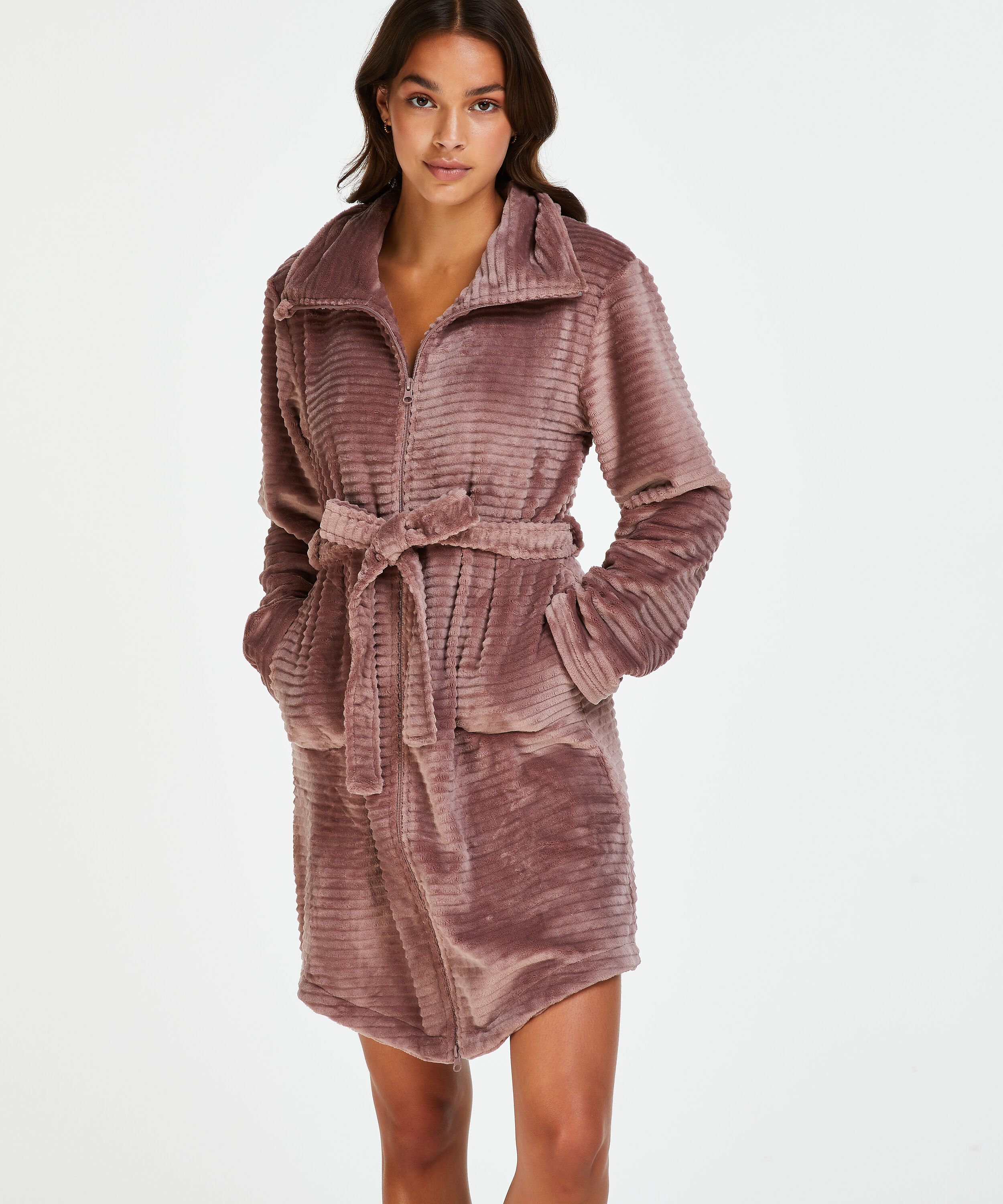 Fleece zip bathrobe, R&oacute;żowy