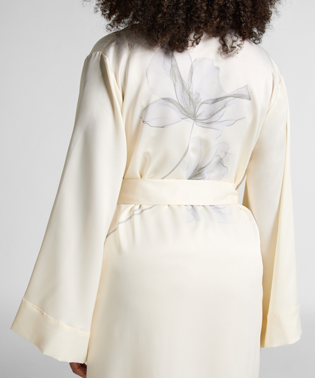 Długie satynowe kimono w kwiaty, Biały