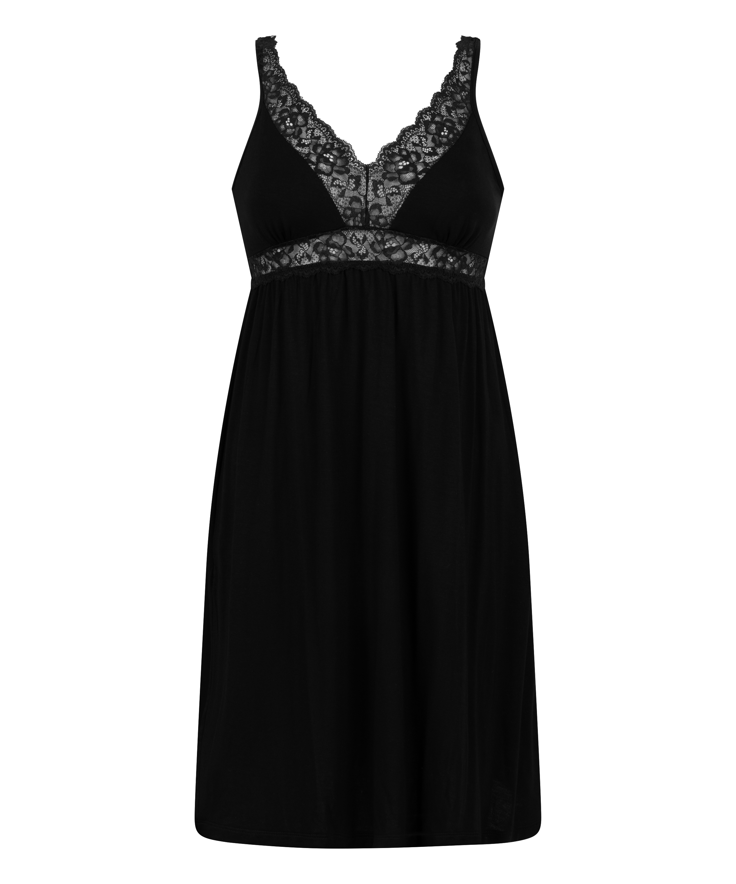 Koszulka Nocna z Dżerseju z Koronką, Czarny, main