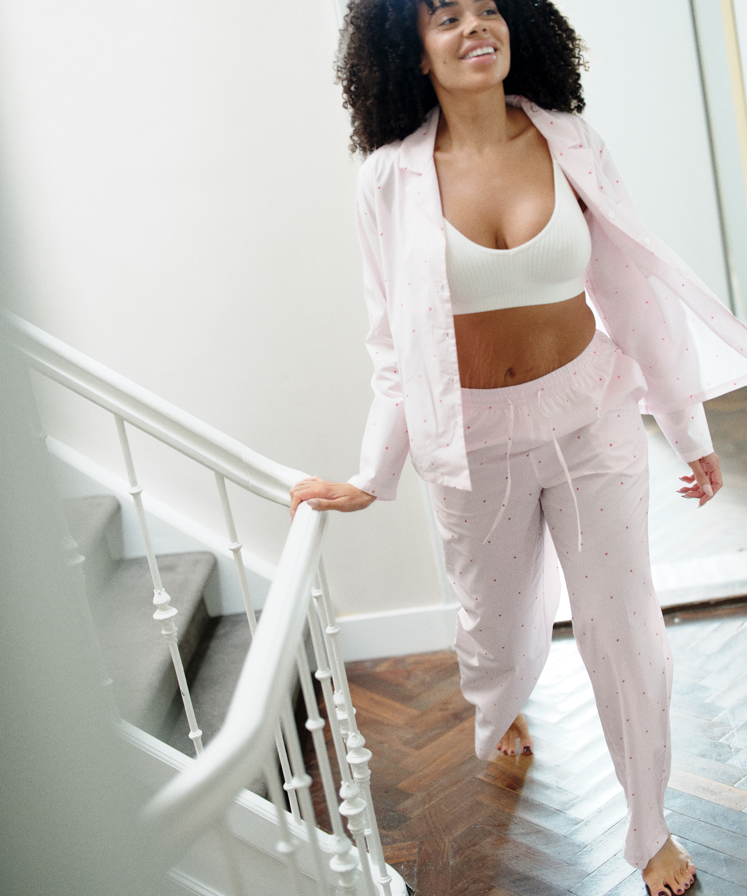 Spodnie bawełniane w paski i serca, Biały, main