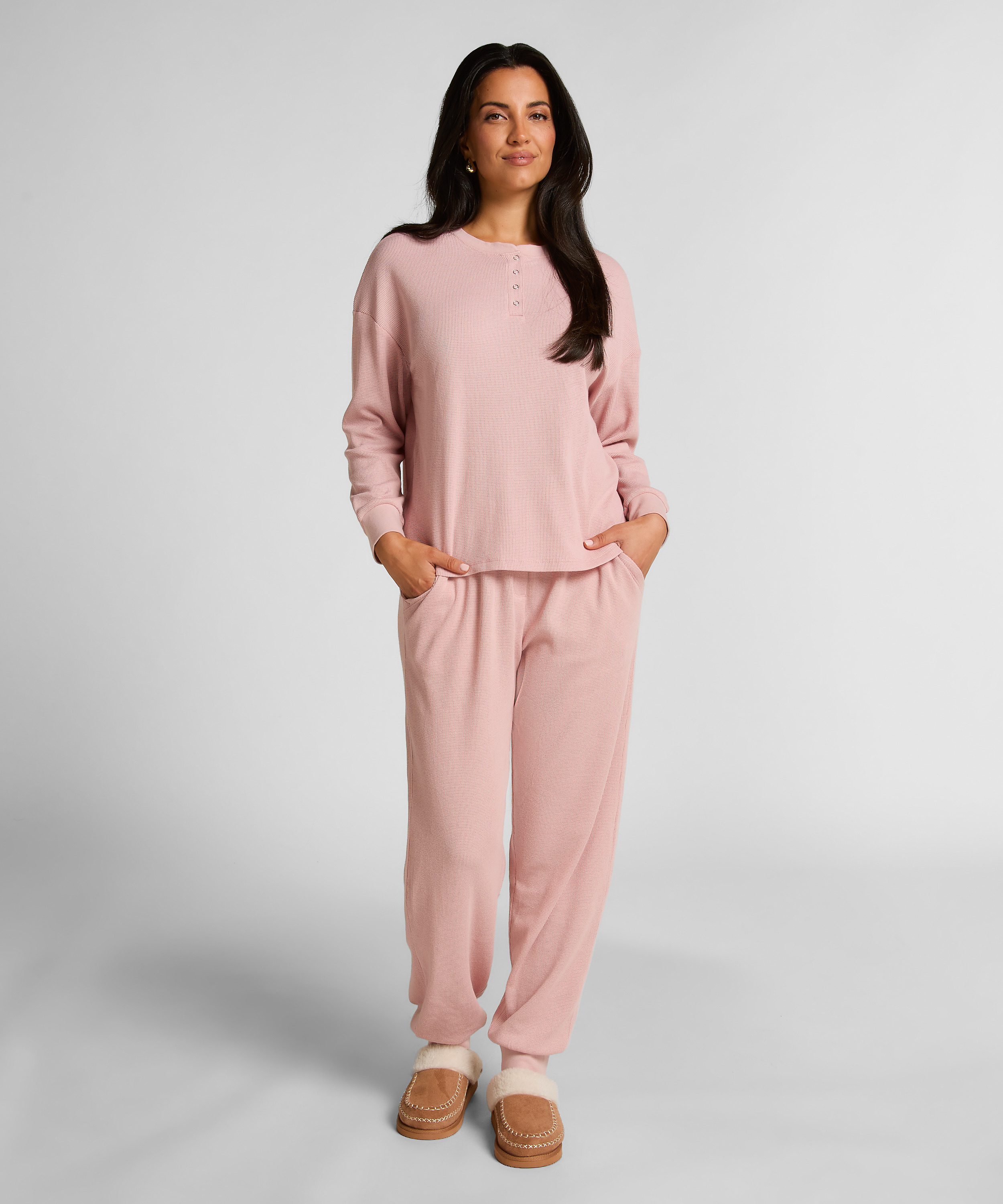 Top z tkaniny wafel Henley, R&oacute;żowy, main