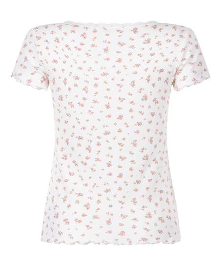 Prążkowany koronkowy top z kr&oacute;tkim rękawem, Biały