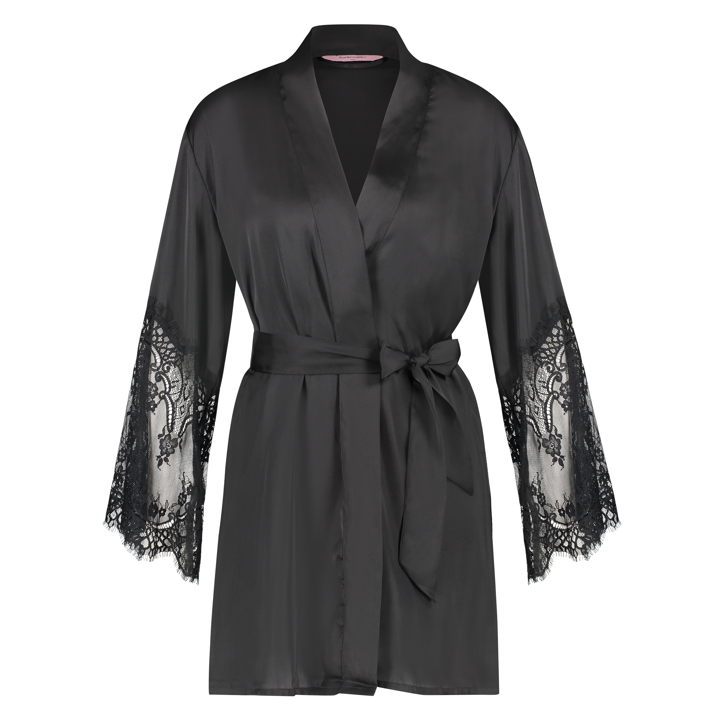 Kimono z satyny i koronki, Czarny, main