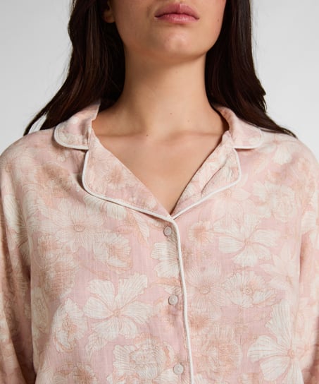 Lniana Kurtka Piżamowa w Kwiaty, R&oacute;żowy